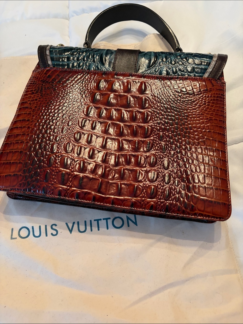 Brahmin Teal and Brown Croc-Embossed Top Handle Satchel with Buckle Accent - Picture 2 of 5